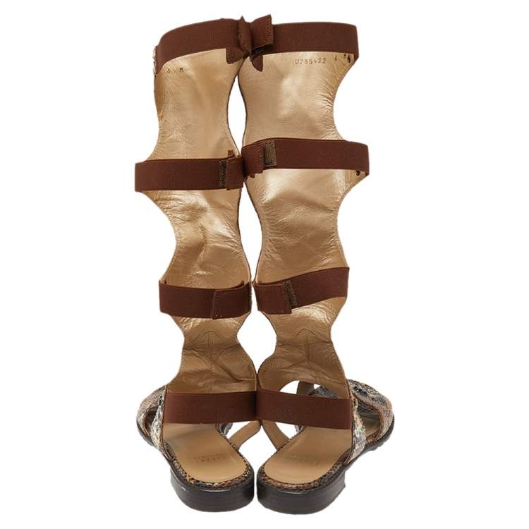 Pre Owned Stuart Weitzman Brown Python Leather Gladiator Flat Sandals Size 36.5