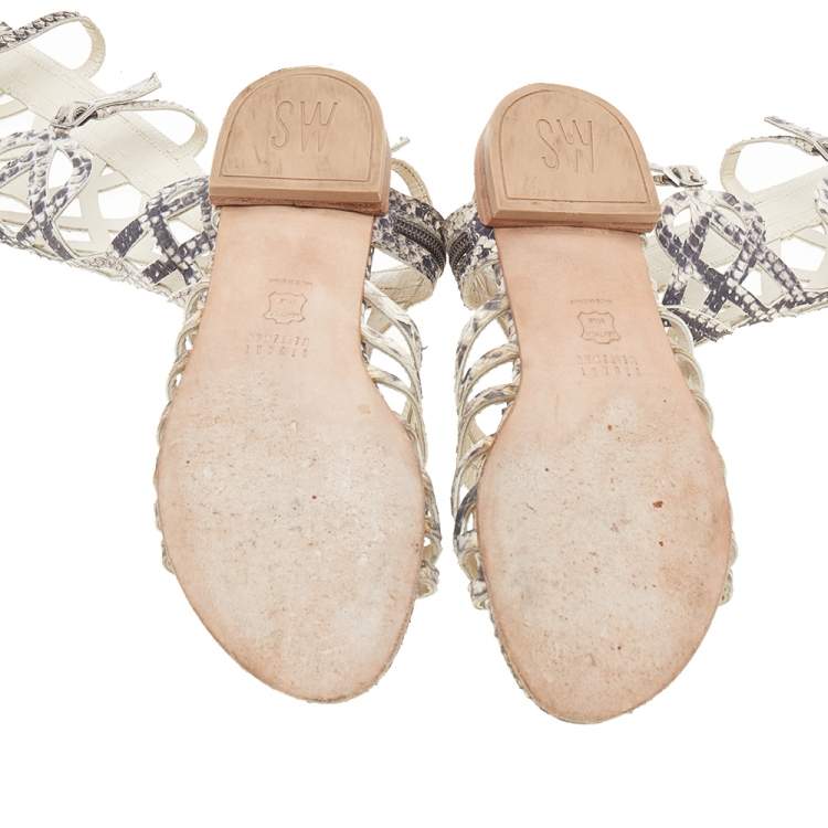 مملوكة مسبقًا Stuart Weitzman Beige Python Embossed Leather Gladiator Sandals Size 36.5