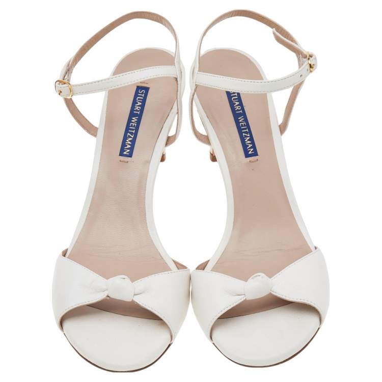 Pre Owned Stuart Weitzman White Leather Gloria Ankle Strap Sandals Size 38.5