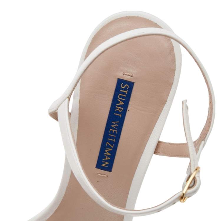 Pre Owned Stuart Weitzman White Leather Gloria Ankle Strap Sandals Size 38.5