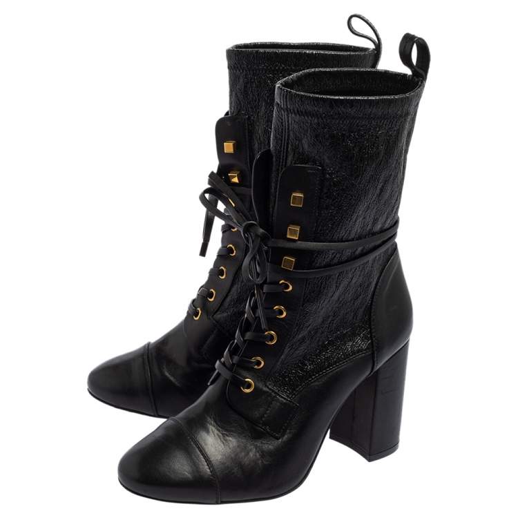 Pre Owned Stuart Weitzman Black Leather Mid Calf Block Heel Boots Size 39.5