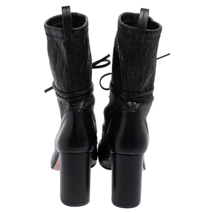 Pre Owned Stuart Weitzman Black Leather Mid Calf Block Heel Boots Size 39.5