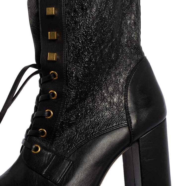 Pre Owned Stuart Weitzman Black Leather Mid Calf Block Heel Boots Size 39.5