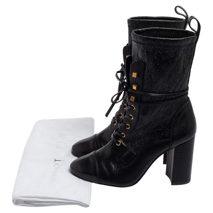 Pre Owned Stuart Weitzman Black Leather Mid Calf Block Heel Boots Size 39.5