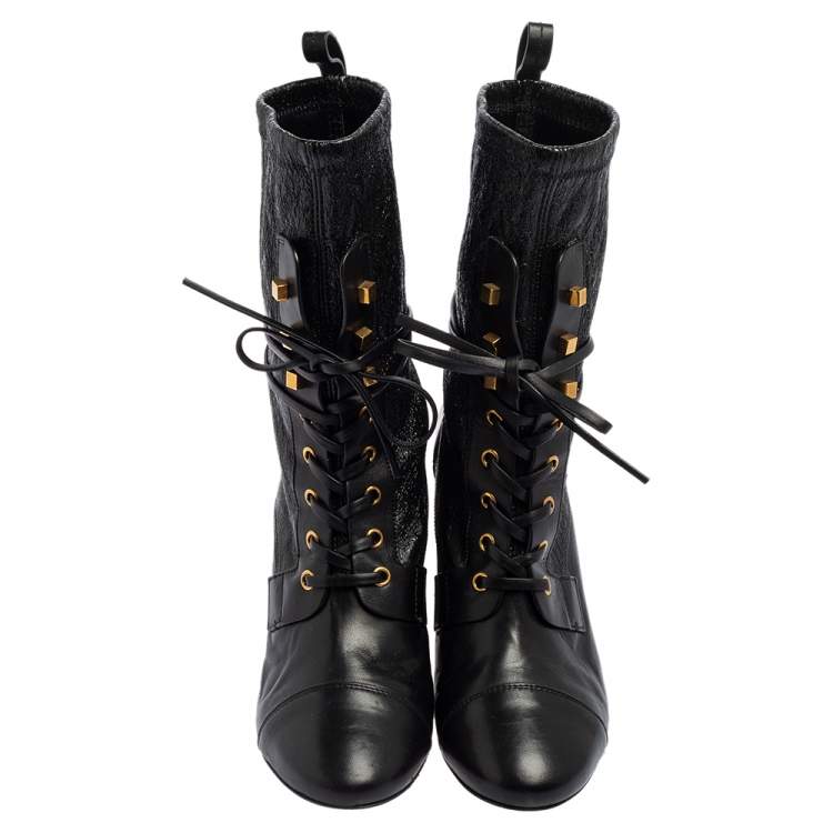 Pre Owned Stuart Weitzman Black Leather Mid Calf Block Heel Boots Size 39.5