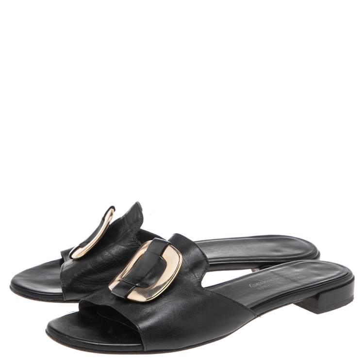 Pre Owned Stuart Weitzman x Russel & Bromley Black Leather Flat Slide Sandals Size 41