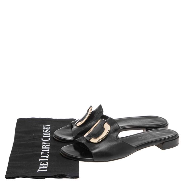 Pre Owned Stuart Weitzman x Russel & Bromley Black Leather Flat Slide Sandals Size 41