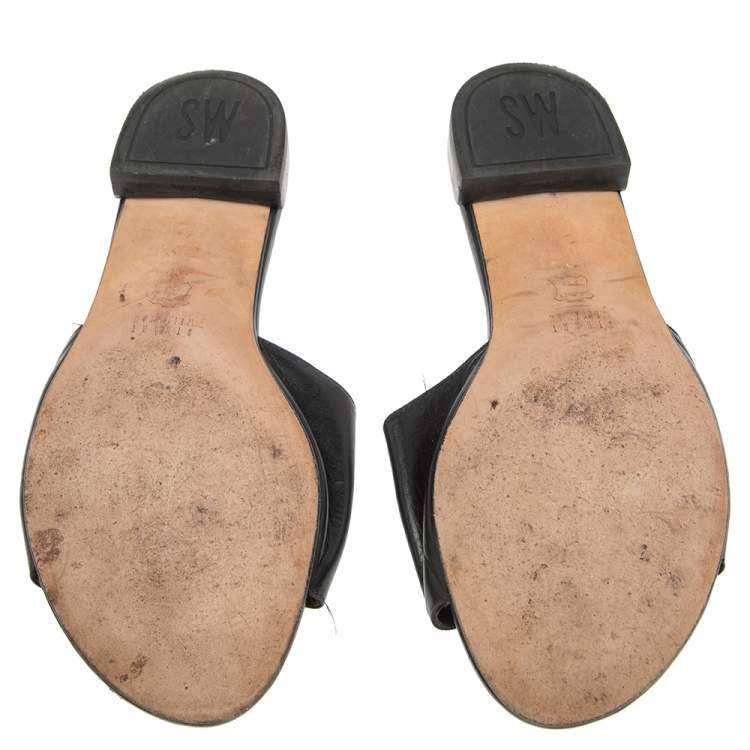 Pre Owned Stuart Weitzman x Russel & Bromley Black Leather Flat Slide Sandals Size 41