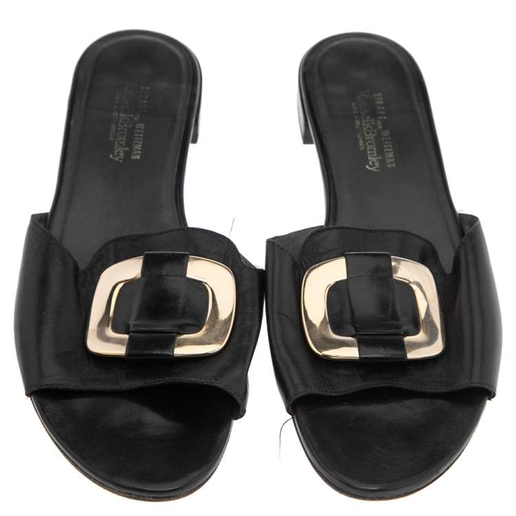 Pre Owned Stuart Weitzman x Russel & Bromley Black Leather Flat Slide Sandals Size 41