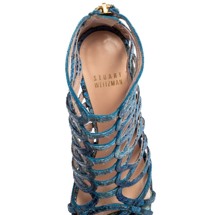 Pre Owned Stuart Weitzman Blue Python Embossed Leather Strappy Sandals Size 36
