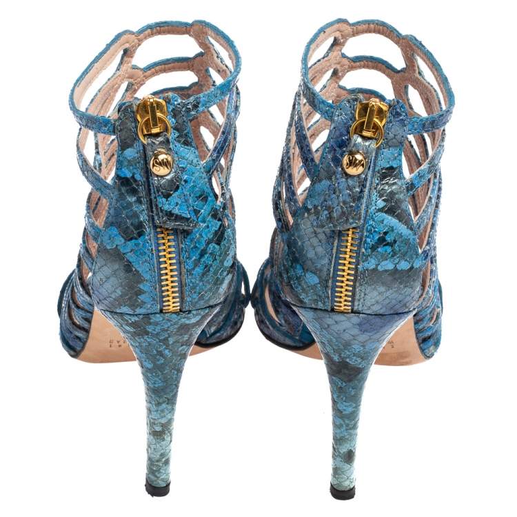 Pre Owned Stuart Weitzman Blue Python Embossed Leather Strappy Sandals Size 36