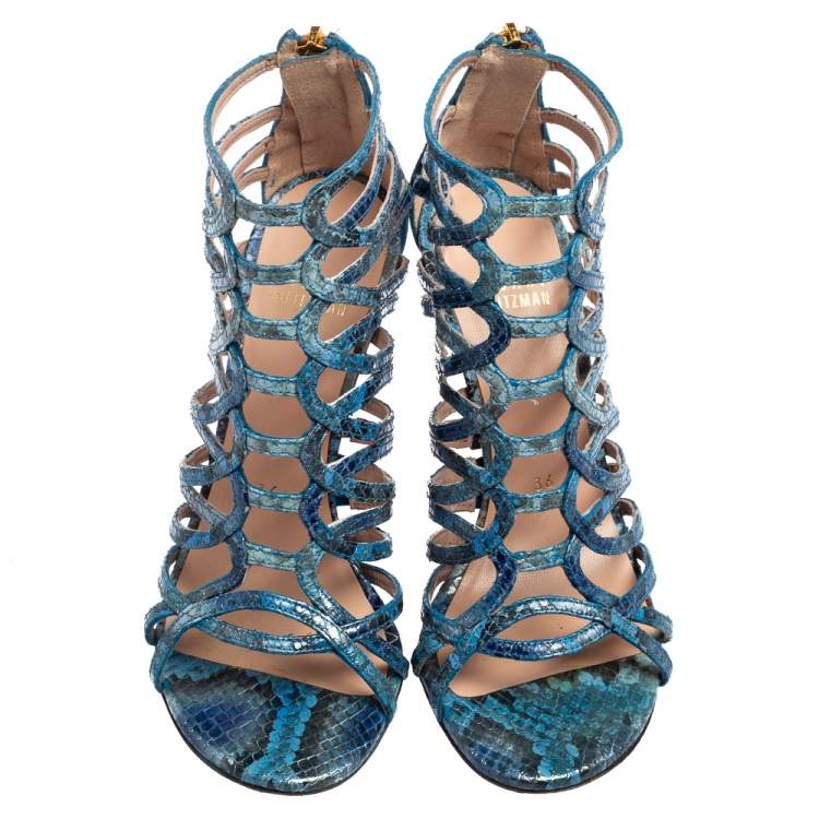 Pre Owned Stuart Weitzman Blue Python Embossed Leather Strappy Sandals Size 36