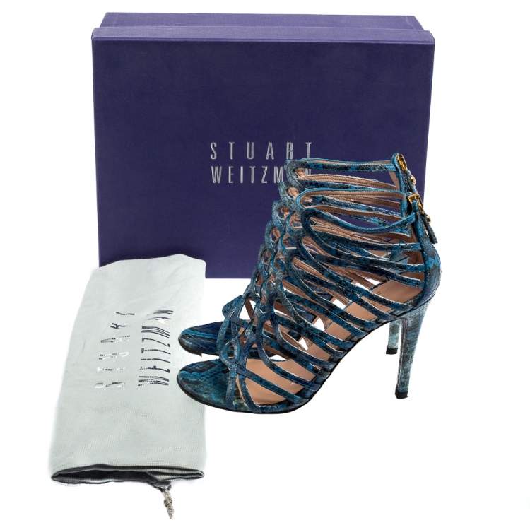 Pre Owned Stuart Weitzman Blue Python Embossed Leather Strappy Sandals Size 36