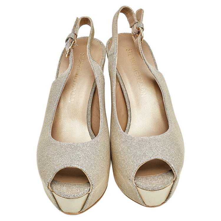Pre Owned Stuart Weitzman Gold Glitter and Leather Slingback Wedge Sandals Size 39