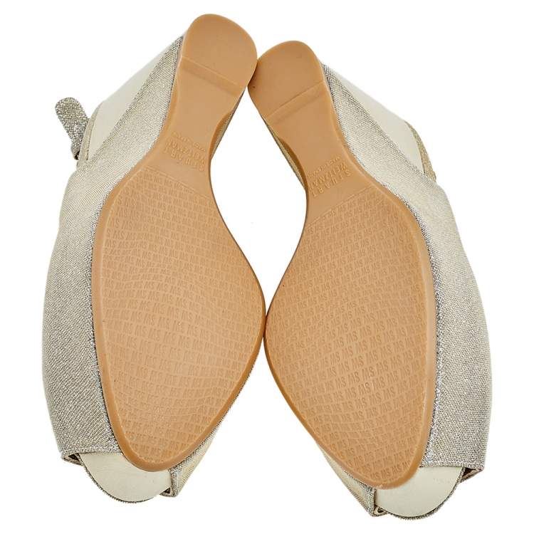 Pre Owned Stuart Weitzman Gold Glitter and Leather Slingback Wedge Sandals Size 39