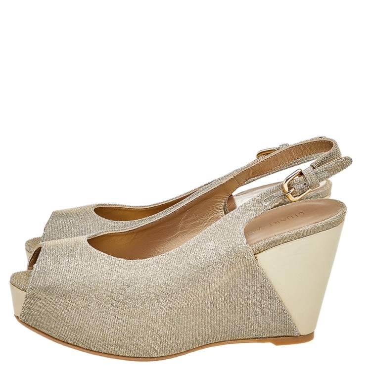 Pre Owned Stuart Weitzman Gold Glitter and Leather Slingback Wedge Sandals Size 39