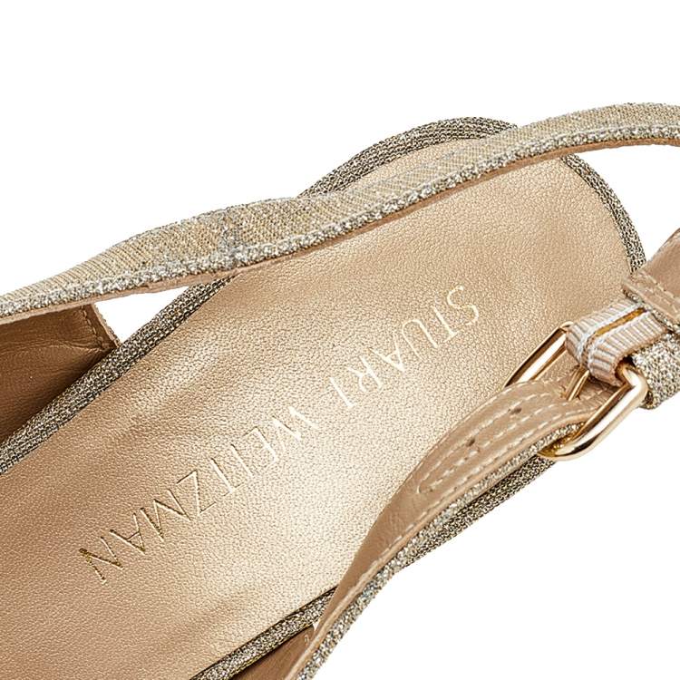 Pre Owned Stuart Weitzman Gold Glitter and Leather Slingback Wedge Sandals Size 39