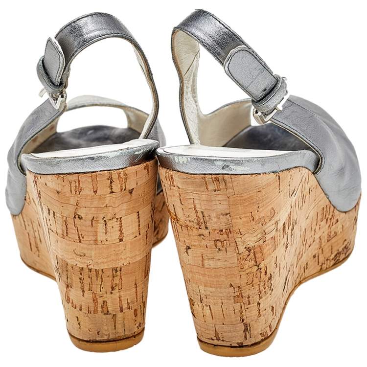 Pre Owned Stuart Weitzman Silver Leather Peep Toe Cork Wedge Slingback Sandals Size 38