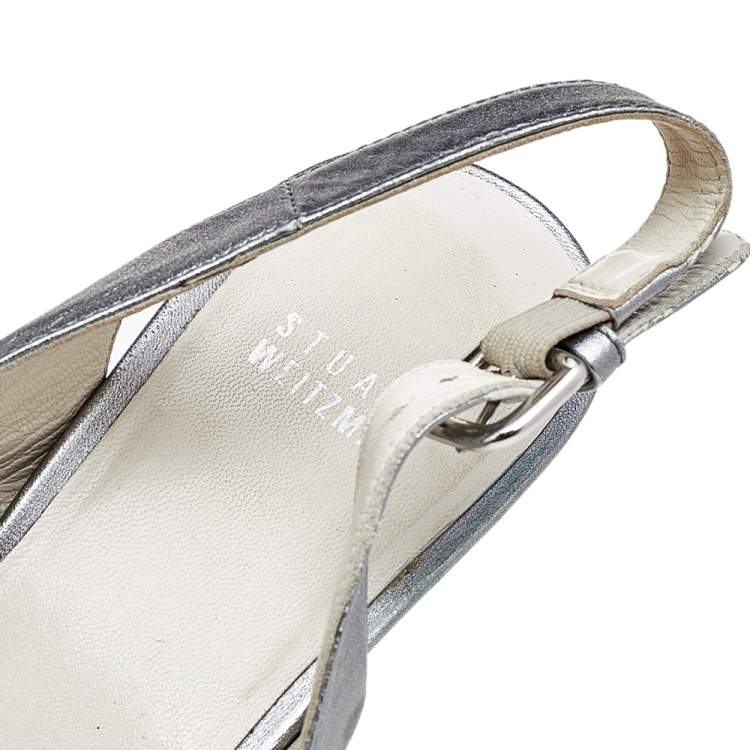 Pre Owned Stuart Weitzman Silver Leather Peep Toe Cork Wedge Slingback Sandals Size 38