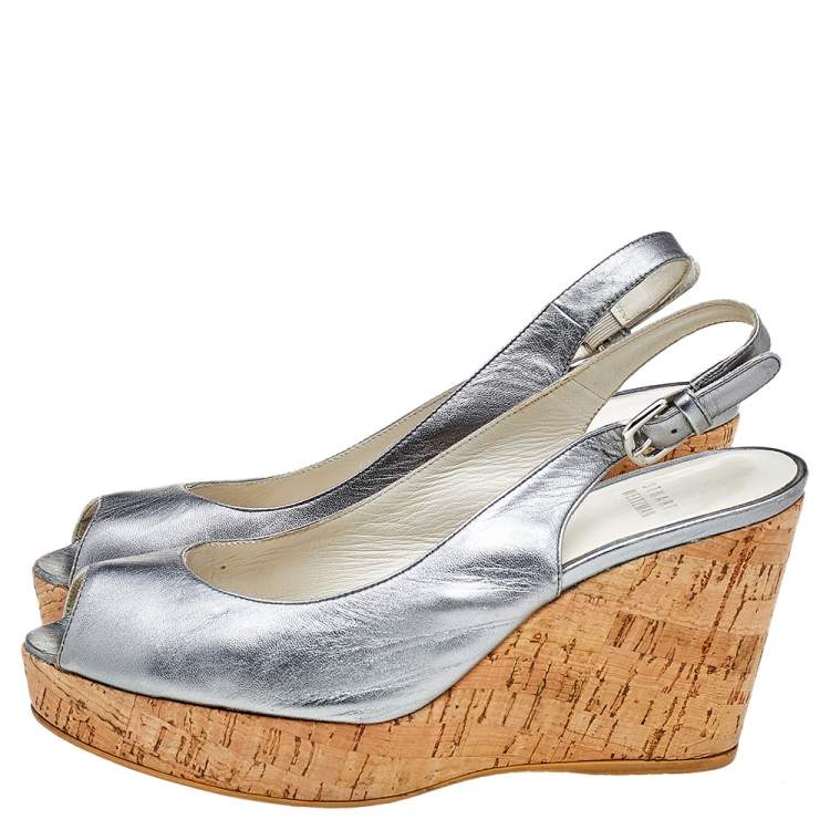 Pre Owned Stuart Weitzman Silver Leather Peep Toe Cork Wedge Slingback Sandals Size 38
