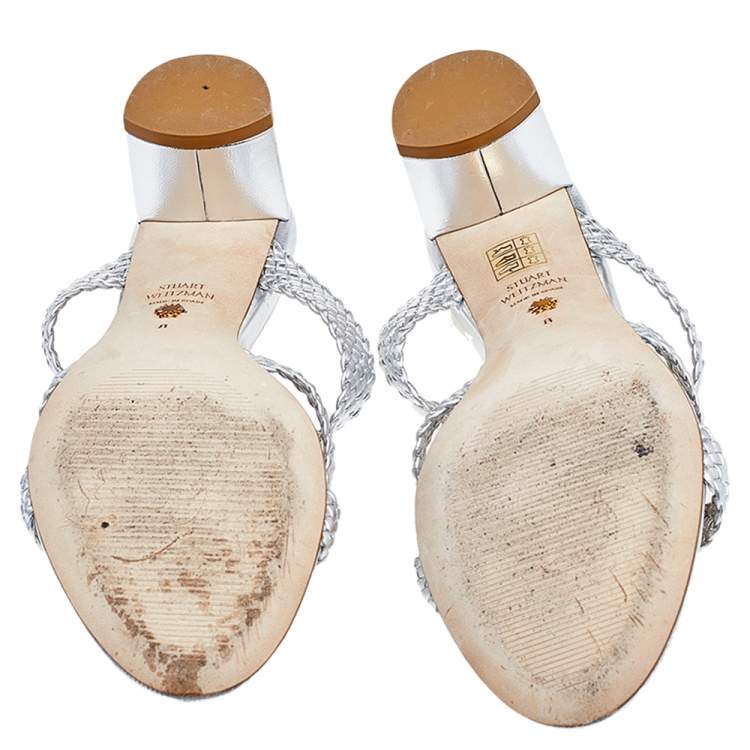 Pre Owned Stuart Weitzman Silver Woven Leather Sarita Slide Sandals Size 38.5 