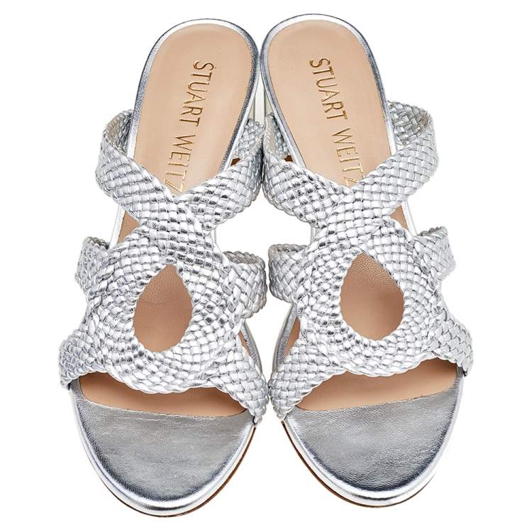 Pre Owned Stuart Weitzman Silver Woven Leather Sarita Slide Sandals Size 38.5 