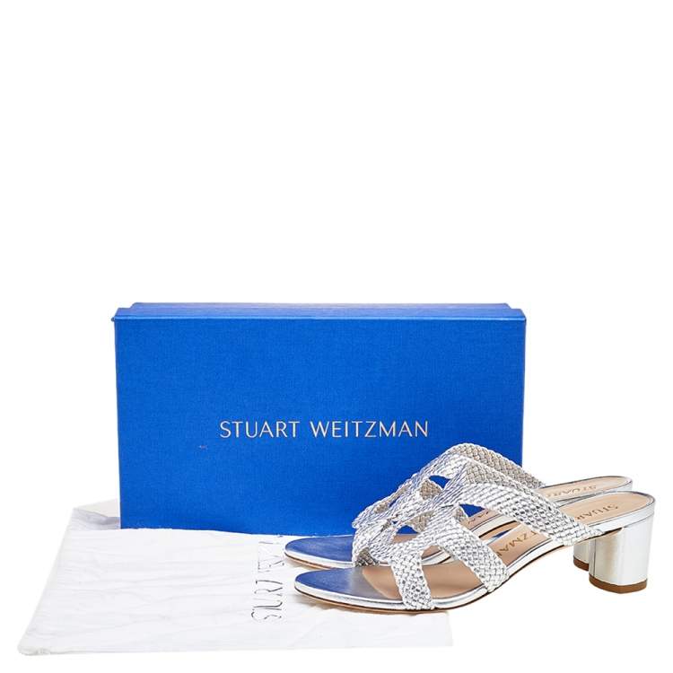 Pre Owned Stuart Weitzman Silver Woven Leather Sarita Slide Sandals Size 38.5 
