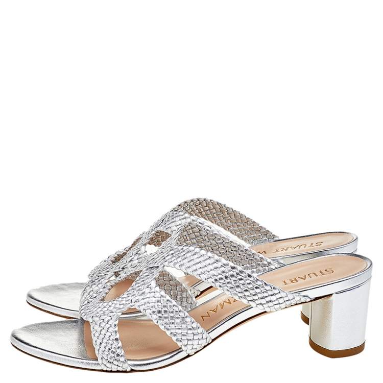 Pre Owned Stuart Weitzman Silver Woven Leather Sarita Slide Sandals Size 38.5 