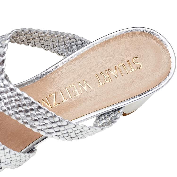 Pre Owned Stuart Weitzman Silver Woven Leather Sarita Slide Sandals Size 38.5 