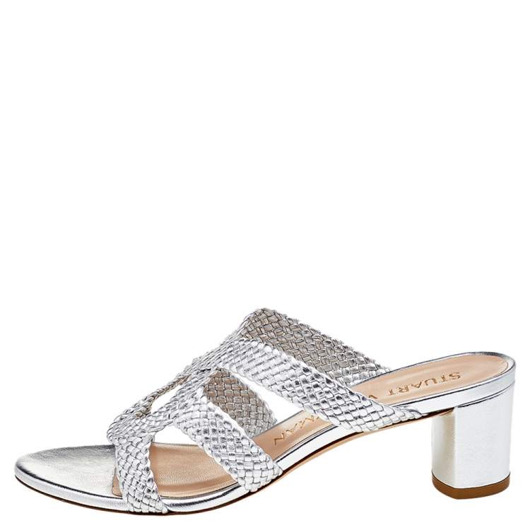 Pre Owned Stuart Weitzman Silver Woven Leather Sarita Slide Sandals Size 38.5 