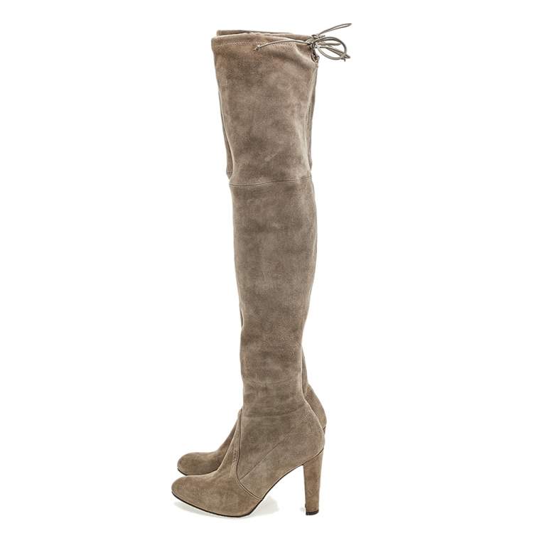 Pre Owned Stuart Weitzman Khaki Grey Suede Tie Land Over The Knee Block Heel Boots Size 36.5