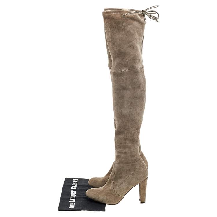 Pre Owned Stuart Weitzman Khaki Grey Suede Tie Land Over The Knee Block Heel Boots Size 36.5