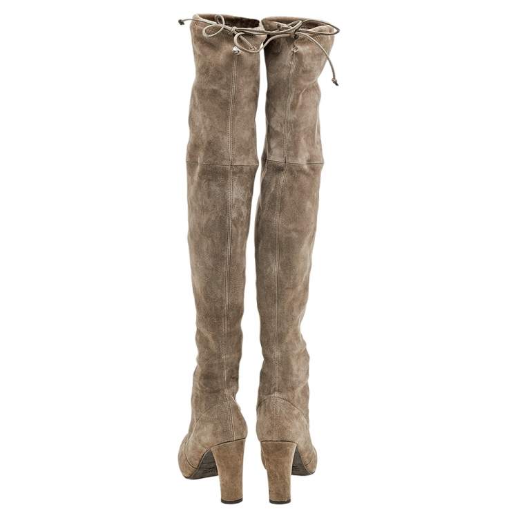 Pre Owned Stuart Weitzman Khaki Grey Suede Tie Land Over The Knee Block Heel Boots Size 36.5