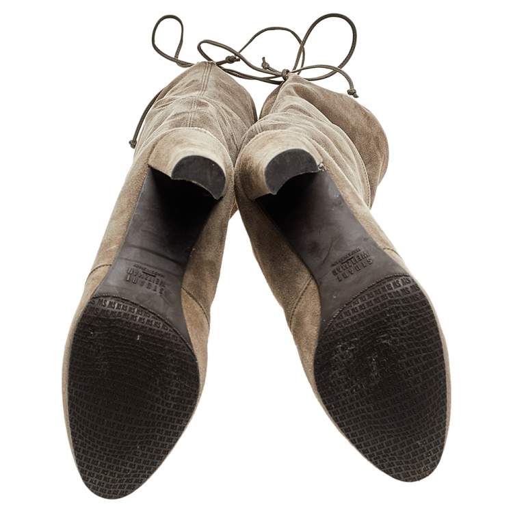 Pre Owned Stuart Weitzman Khaki Grey Suede Tie Land Over The Knee Block Heel Boots Size 36.5