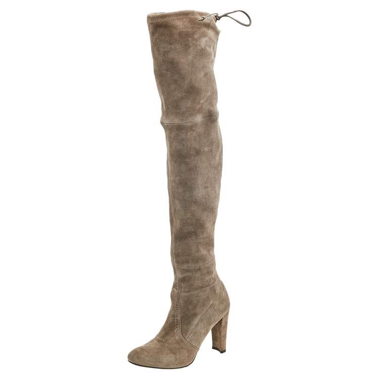 Pre Owned Stuart Weitzman Khaki Grey Suede Tie Land Over The Knee Block Heel Boots Size 36.5