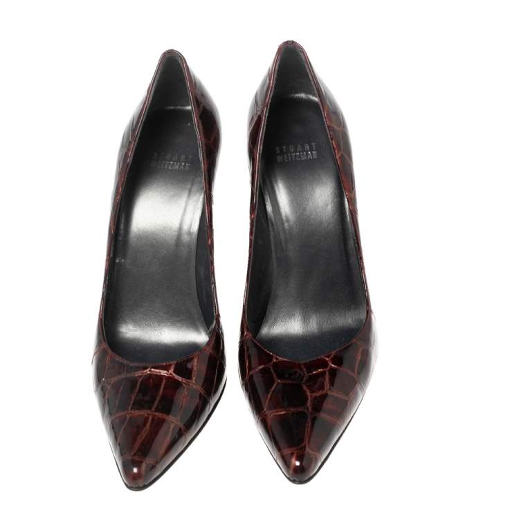 Pre Owned Stuart Weitzman Burgundy Croc Embossed Patent Leather Pointed Toe Pumps Size 40