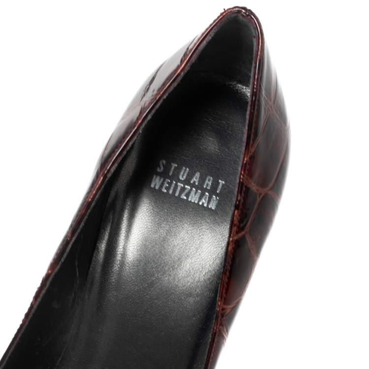 Pre Owned Stuart Weitzman Burgundy Croc Embossed Patent Leather Pointed Toe Pumps Size 40