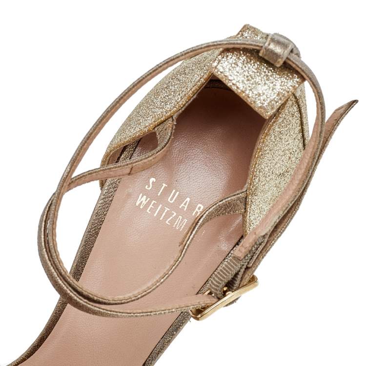 Pre Owned Stuart Weitzman Gold Leather And Glitter Ankle Strap Sandals Size 37.5