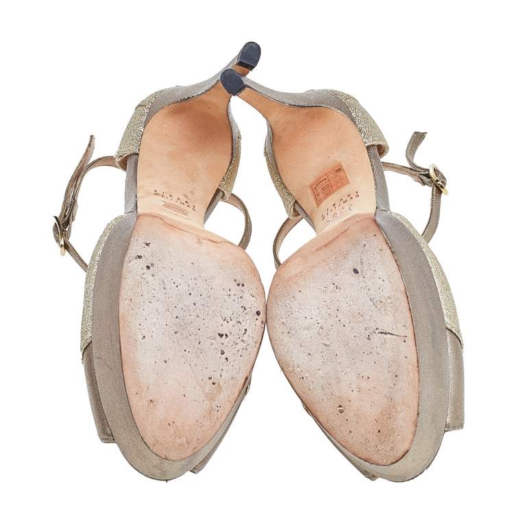 Pre Owned Stuart Weitzman Gold Leather And Glitter Ankle Strap Sandals Size 37.5