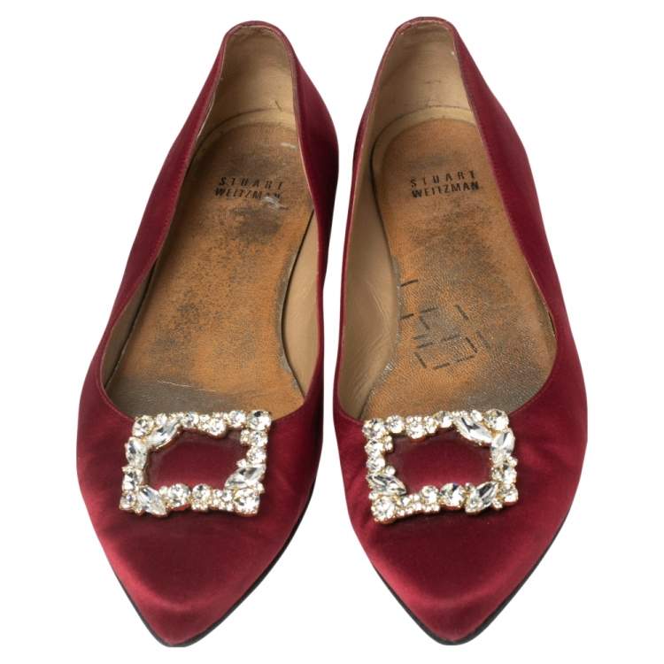 Pre Owned Stuart Weitzman Wine Red Satin Buckle Embellished Ballet Flats Size 38
