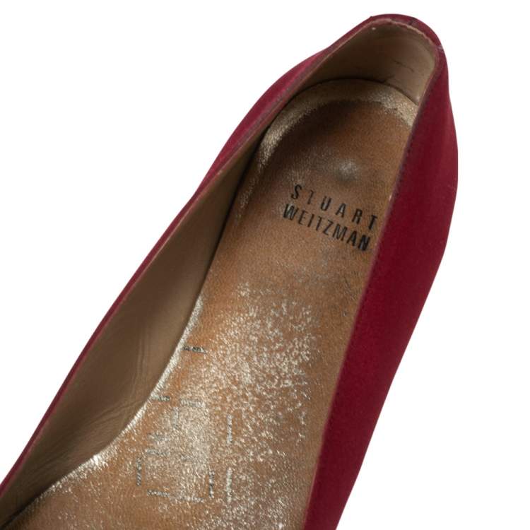 Pre Owned Stuart Weitzman Wine Red Satin Buckle Embellished Ballet Flats Size 38