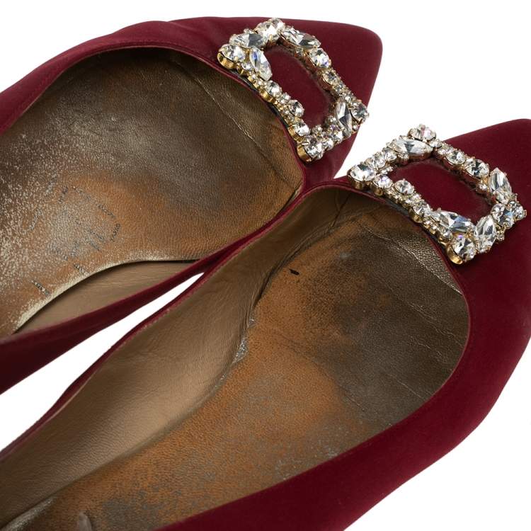 Pre Owned Stuart Weitzman Wine Red Satin Buckle Embellished Ballet Flats Size 38