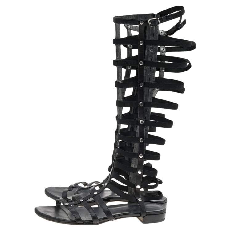 Pre Owned Stuart Weitzman Black Leather Gladiator Sandals Size 38