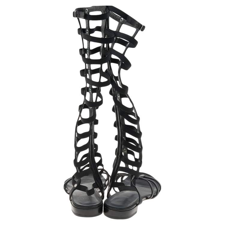 Pre Owned Stuart Weitzman Black Leather Gladiator Sandals Size 38
