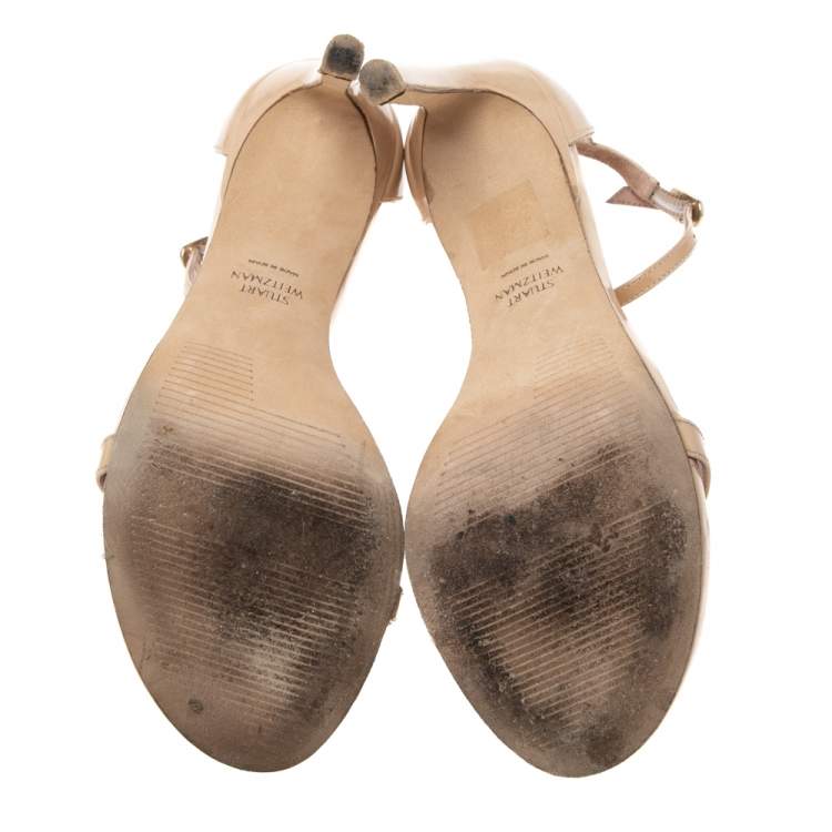 Pre Owned Stuart Weitzman Beige Patent Leather Nudistsong Ankle-Strap Sandals Size 35