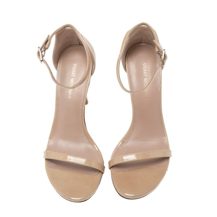 Pre Owned Stuart Weitzman Beige Patent Leather Nudistsong Ankle-Strap Sandals Size 35