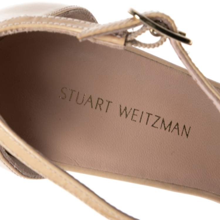 Pre Owned Stuart Weitzman Beige Patent Leather Nudistsong Ankle-Strap Sandals Size 35