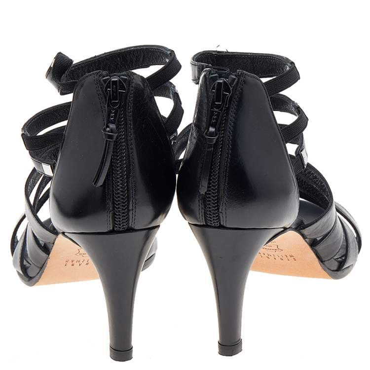 Pre Owned Stuart Weitzman Black Leather Outing Strappy Cage Sandals Size 37