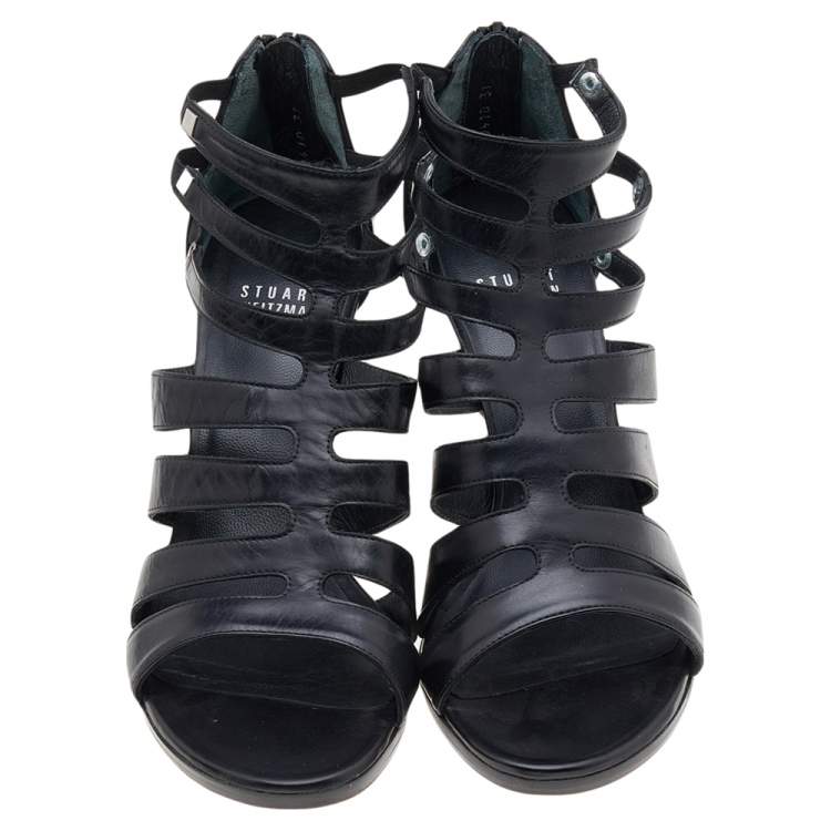 Pre Owned Stuart Weitzman Black Leather Outing Strappy Cage Sandals Size 37