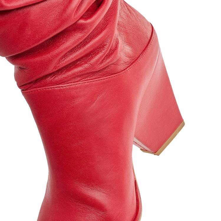 Pre Owned Stuart Weitzman Red Leather Slouch Block Heel Knee Length Boots Size 37.5